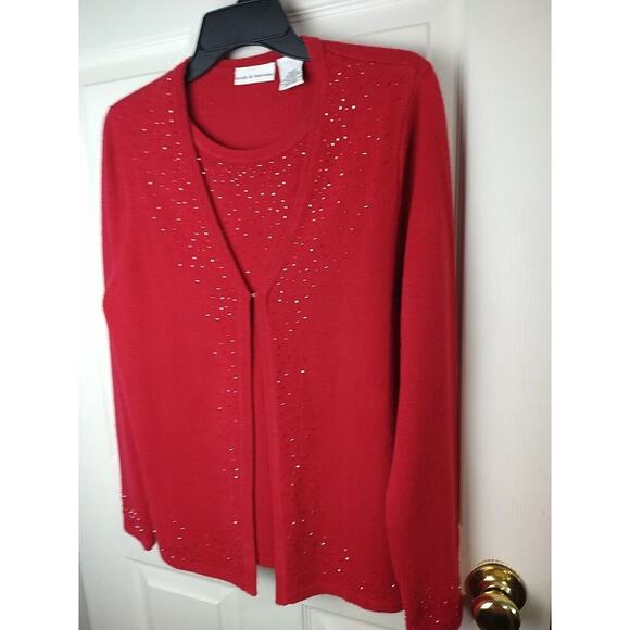 Croft And Barrow Woman M Sweater Red Beaded Pullover Cardigan Tank Front Lined - Picture 2 of 10